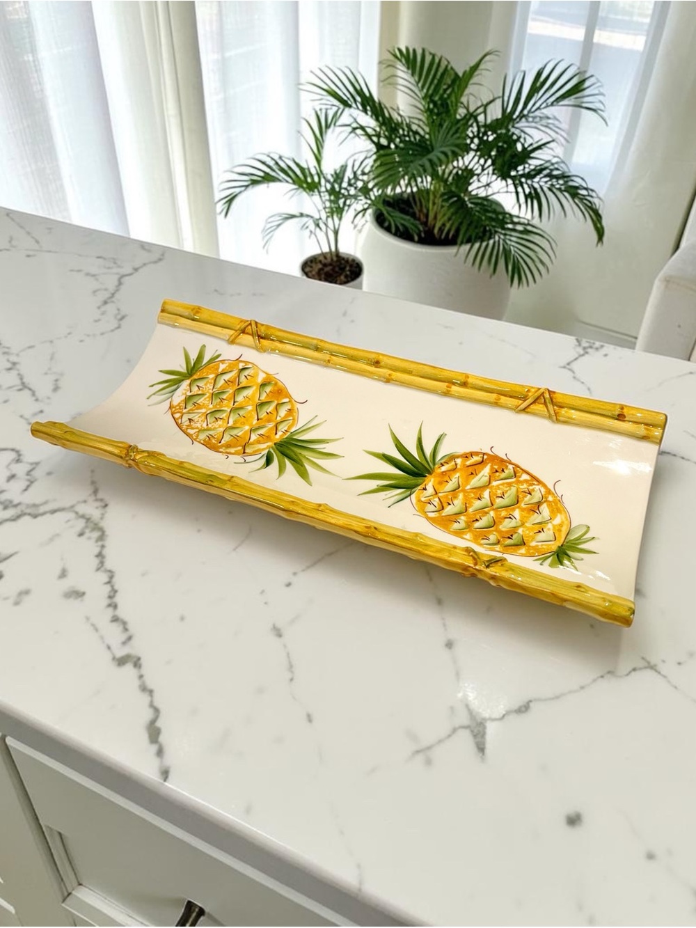 Vintage San Marco Italy Pineapple Bamboo Ceramic Tray 15" L Palm Beach Regency